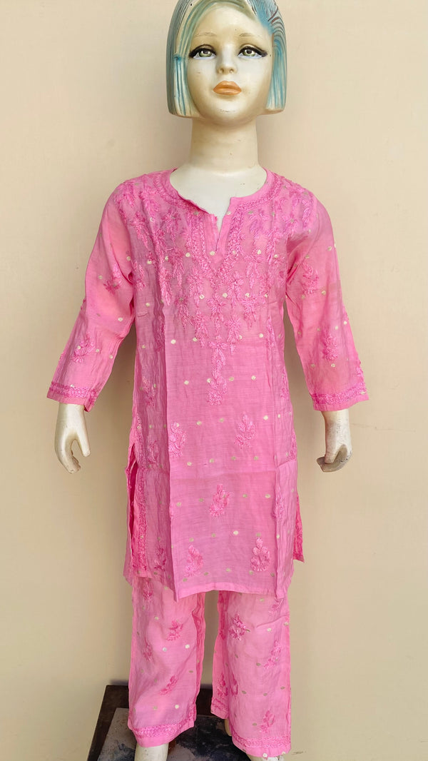 Lucknowi Chikankari Girls Suit 2 Piece Pink Mal Chanderi