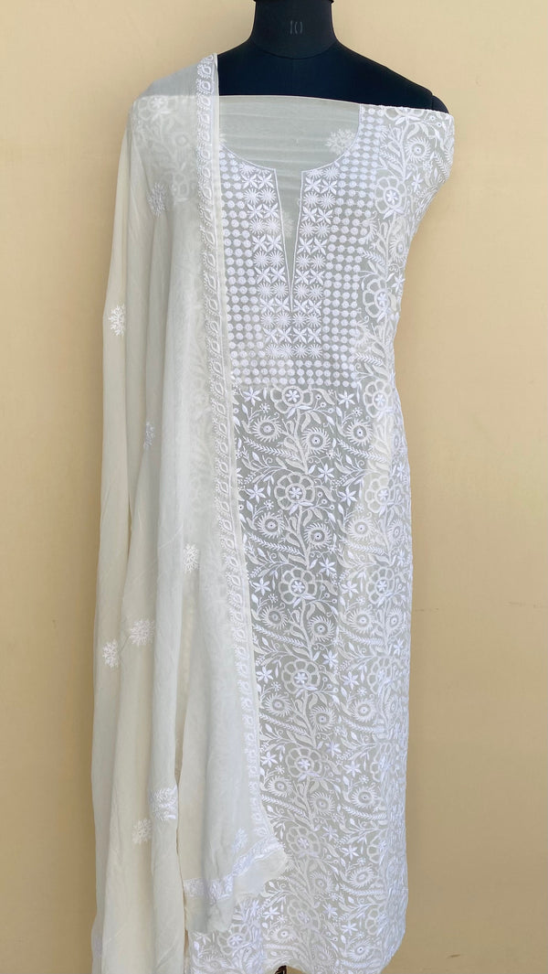 Lucknowi Chikankari Suit Length 2 Piece Off White Pure Georgette