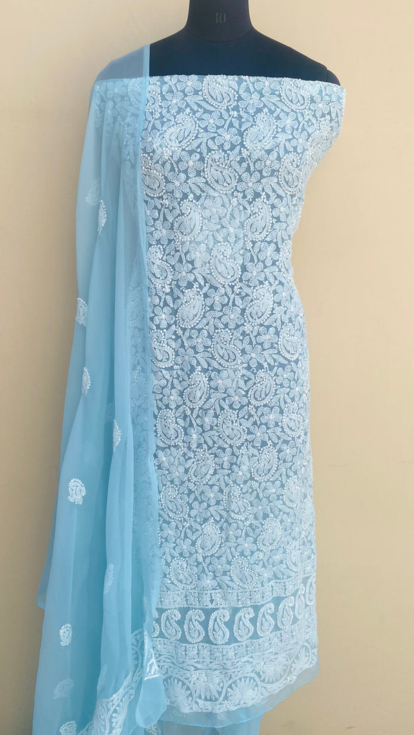 Lucknowi Chikankari Suit Length 3 Piece Powder Blue Georgette