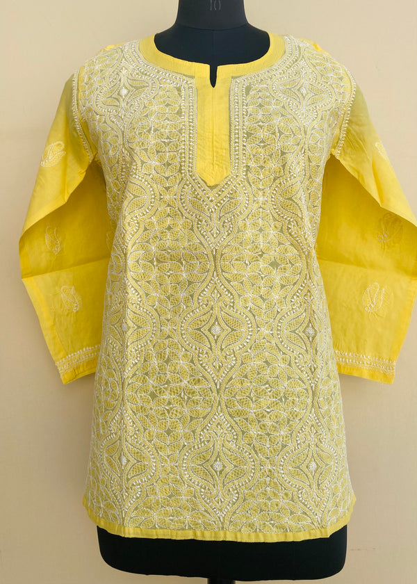 Lucknowi Chikankari Short Kurti Yellow Cotton