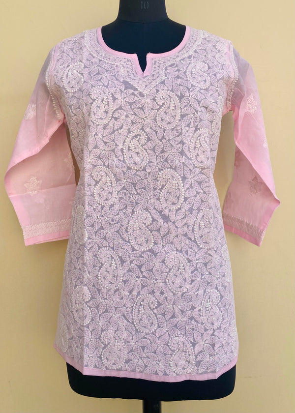 Lucknowi Chikankari Short Kurti Pink Cotton