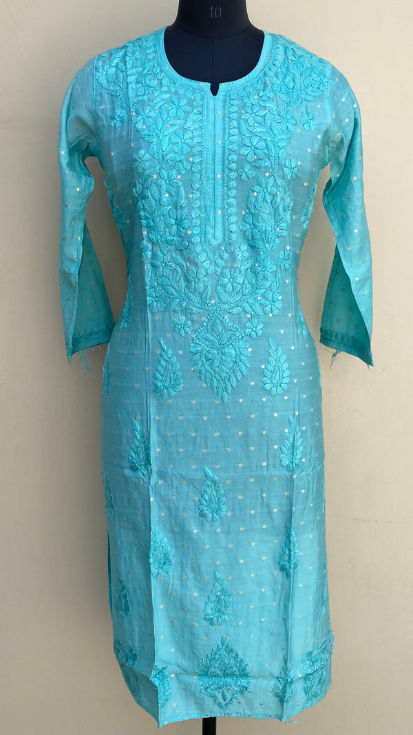 Lucknowi Chikankari Kurti Sea Green Mal Chanderi With Self Work