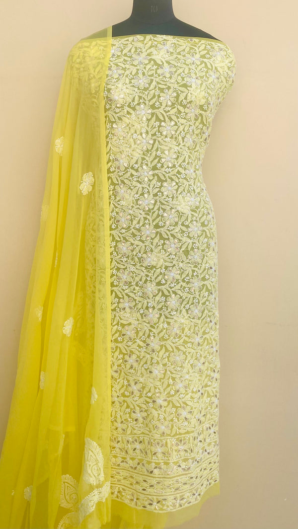 Lucknowi Chikankari Suit Length 3 Piece Yellow Georgette With Gotta Patti Work