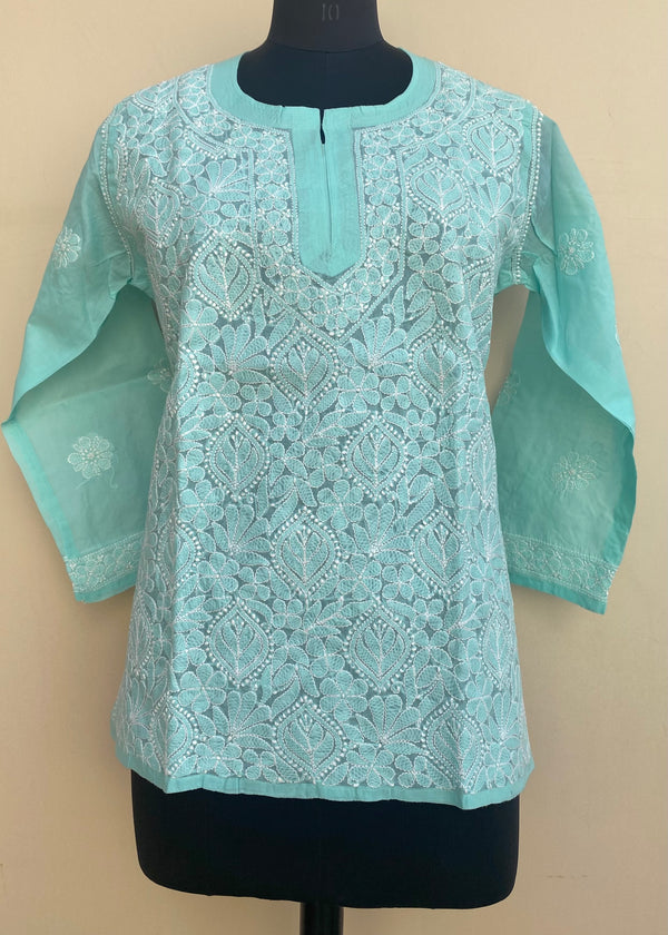 Lucknowi Chikankari Short Kurti Sea Green  Cotton