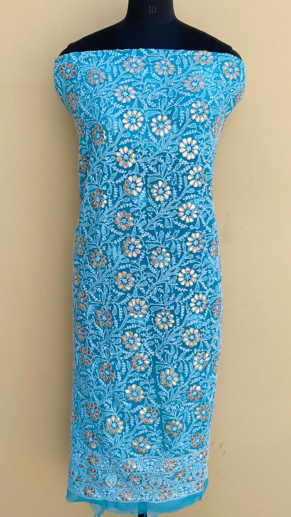 Lucknowi Chikankari Kurta Length Blue Georgette With Gotta Patti Work