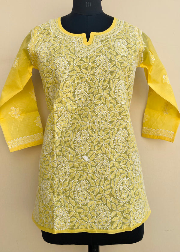 Lucknowi Chikankari Short Kurti Yellow Cotton