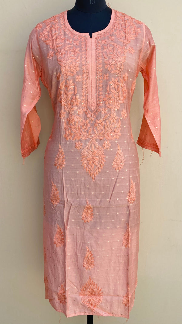Lucknowi Chikankari Kurti Peach Mal Chanderi With Self Work