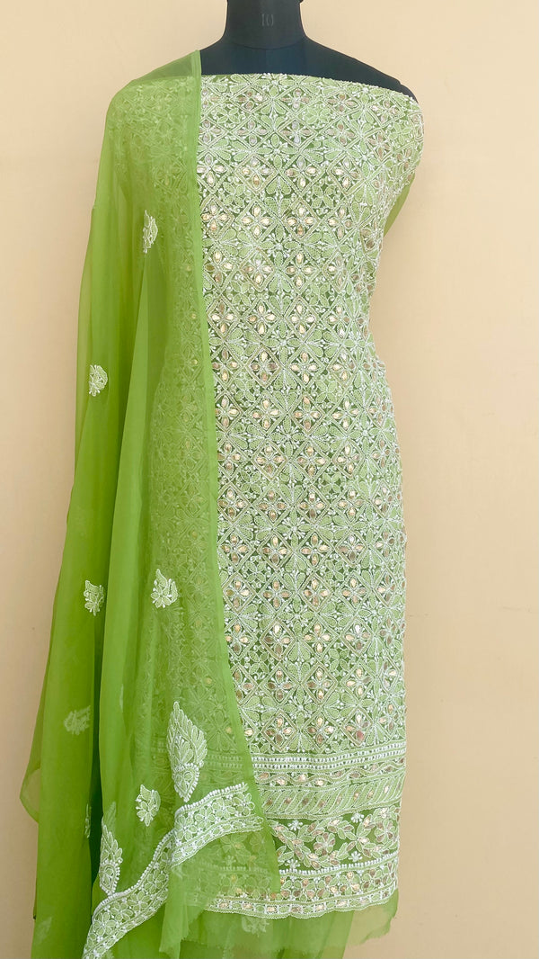 Lucknowi Chikankari Suit Length 3 Piece Green Georgette With Gotta Patti Work