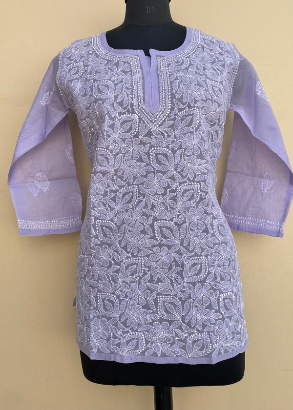 Lucknowi Chikankari Short Kurti Purple Cotton