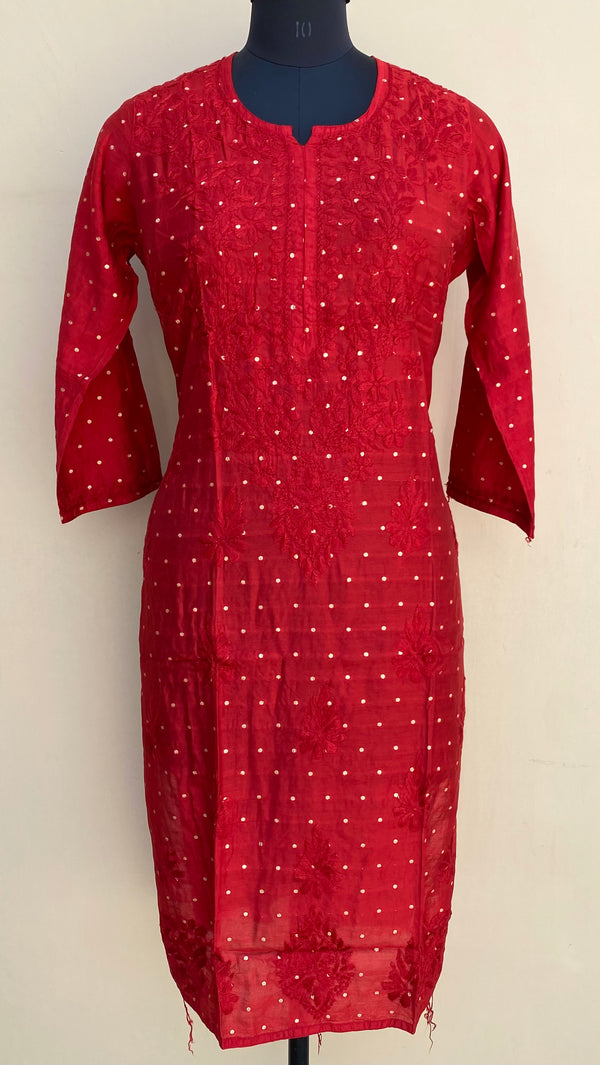 Lucknowi Chikankari Kurti Red Mal Chanderi With Self Work