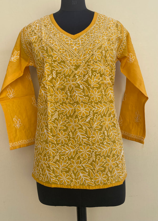 Lucknowi Chikankari Short Kurti Mustard Cotton