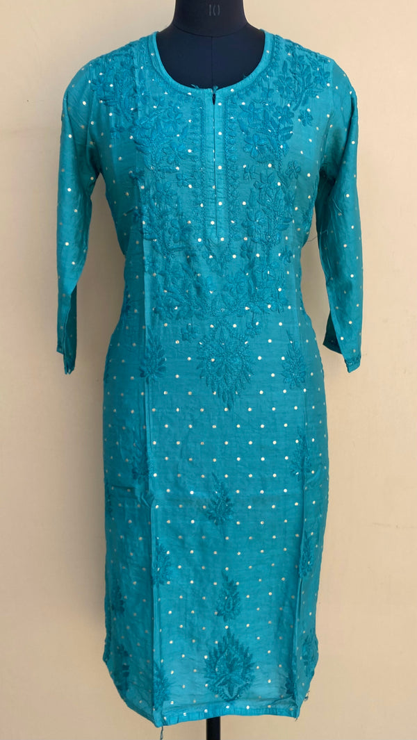 Lucknowi Chikankari Kurti Sea Green Mal Chanderi With Self Work