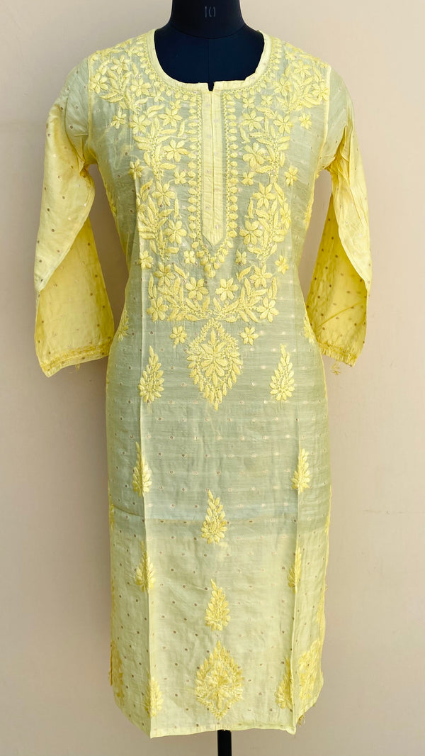 Lucknowi Chikankari Kurti Yellow Mal Chanderi With Self Work