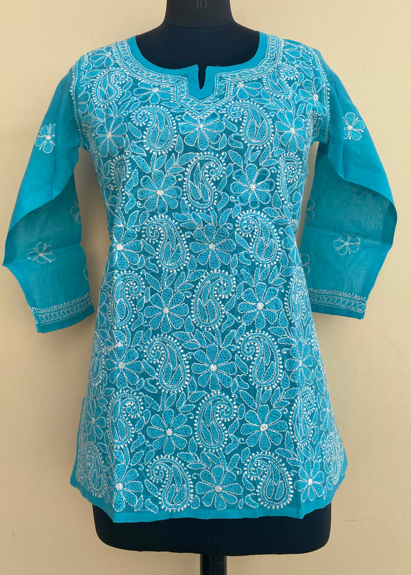 Lucknowi Chikankari Short Kurti Blue Cotton