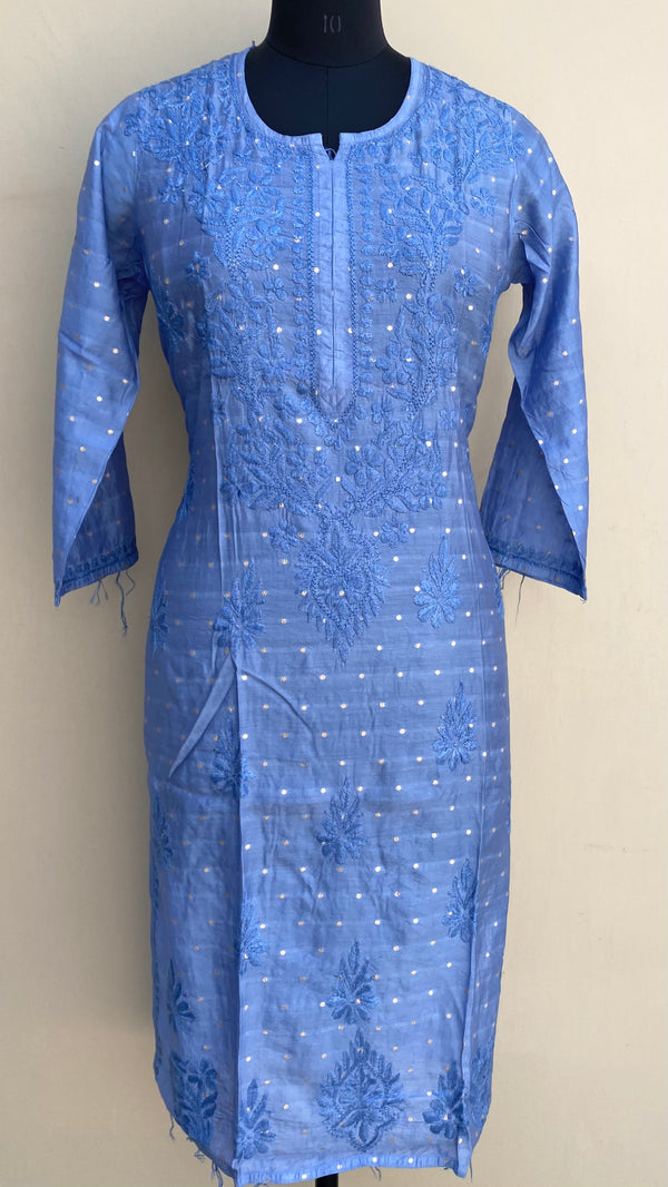 Lucknowi Chikankari Kurti Blue Mal Chanderi With Self Work