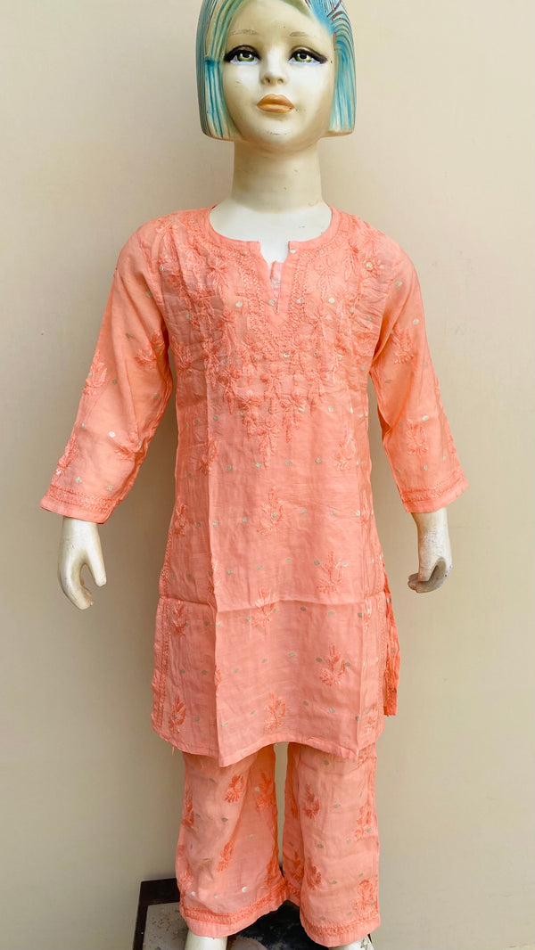 Lucknowi Chikankari Girls Suit 2 Piece Peach Mal Chanderi