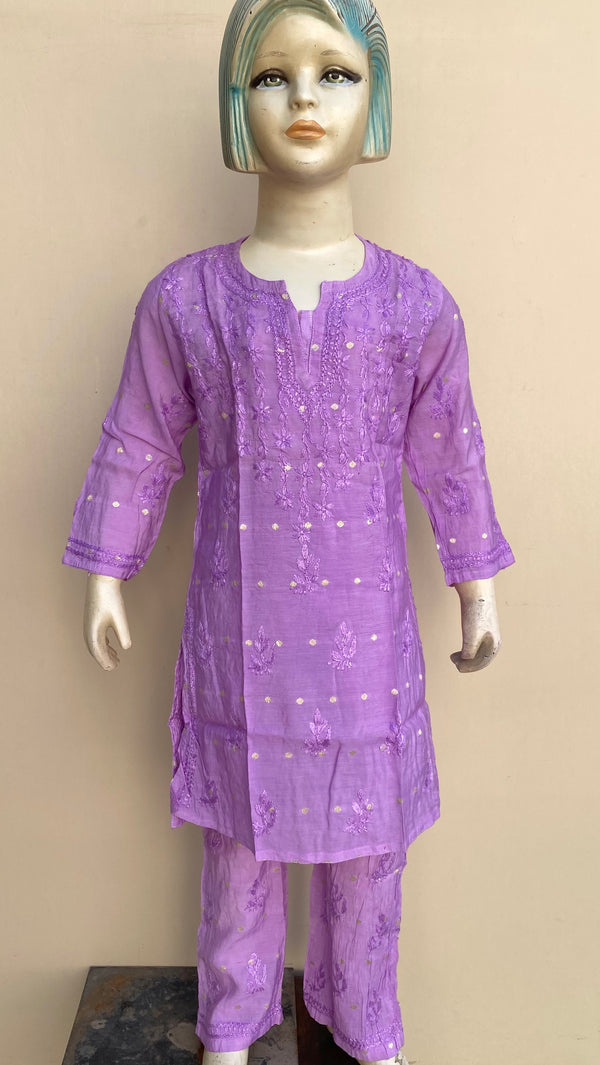 Lucknowi Chikankari Girls Suit 2 Piece Purple Mal Chanderi