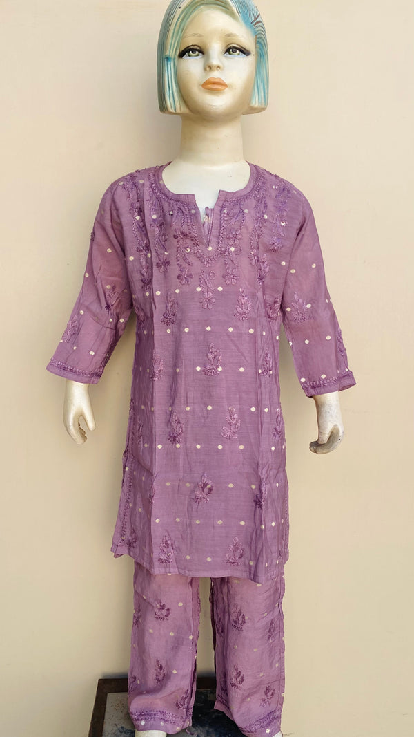 Lucknowi Chikankari Girls Suit 2 Piece Mauve Mal Chanderi