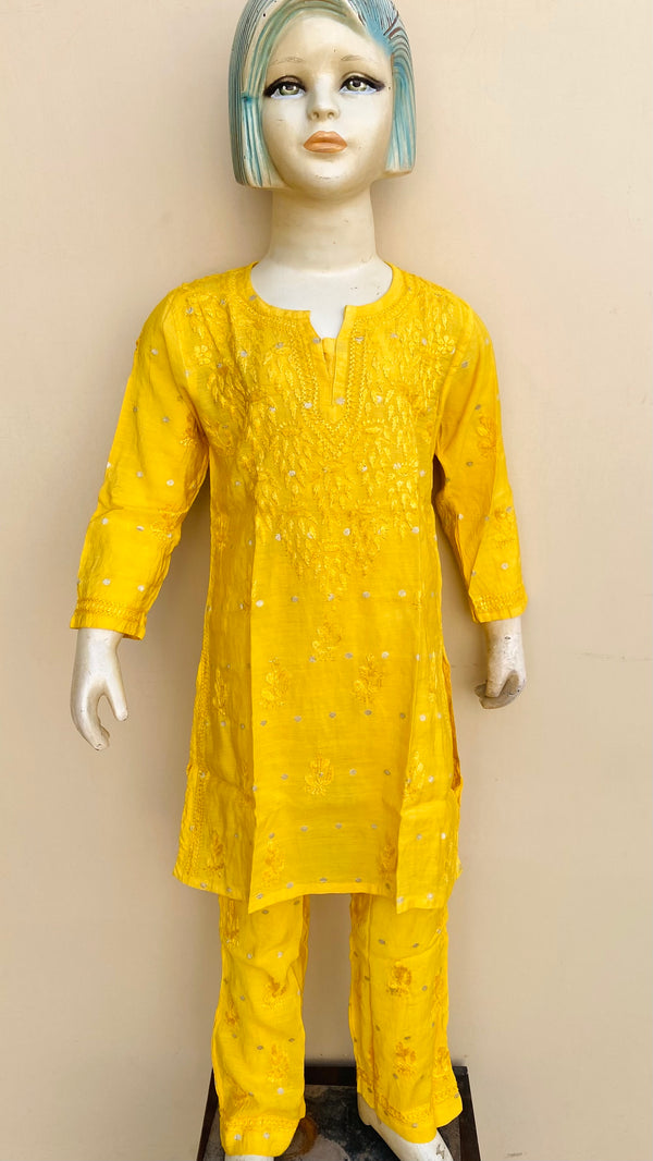 Lucknowi Chikankari Girls Suit 2 Piece Yellow Mal Chanderi