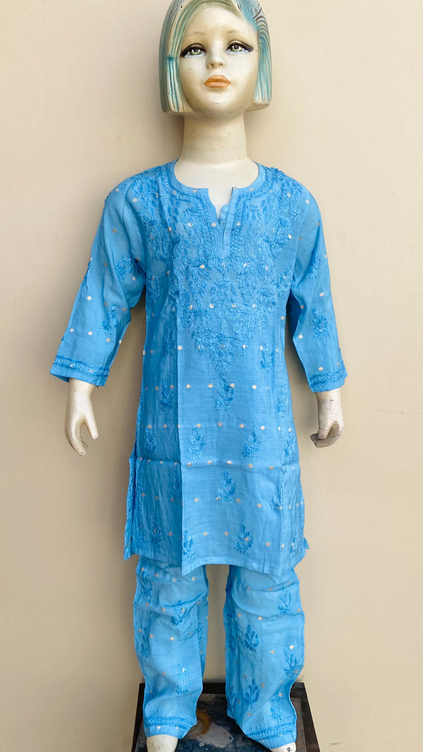 Lucknowi Chikankari Girls Suit 2 Piece Blue Mal Chanderi