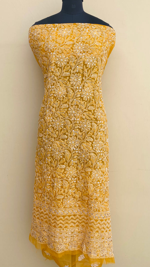 Lucknowi Chikankari Kurta Length Mustard Georgette With Gotta Patti Work