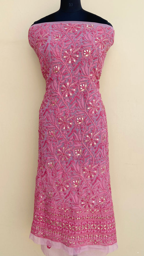 Lucknowi Chikankari Kurta Length Pink Georgette With Gotta Patti Work