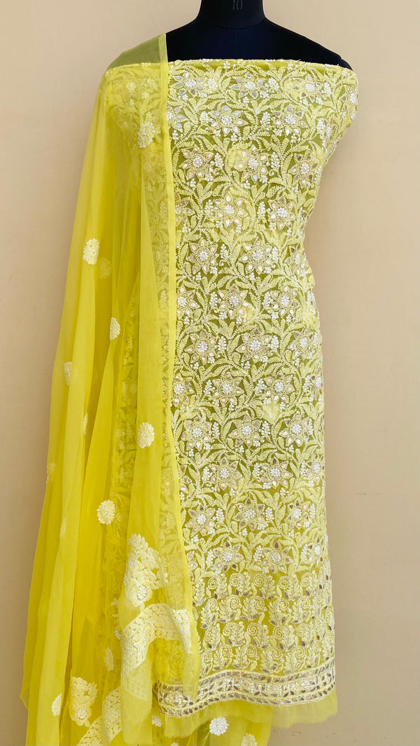 Lucknowi Chikankari Suit Length 3 Piece Yellow Georgette With Gotta Patti Work