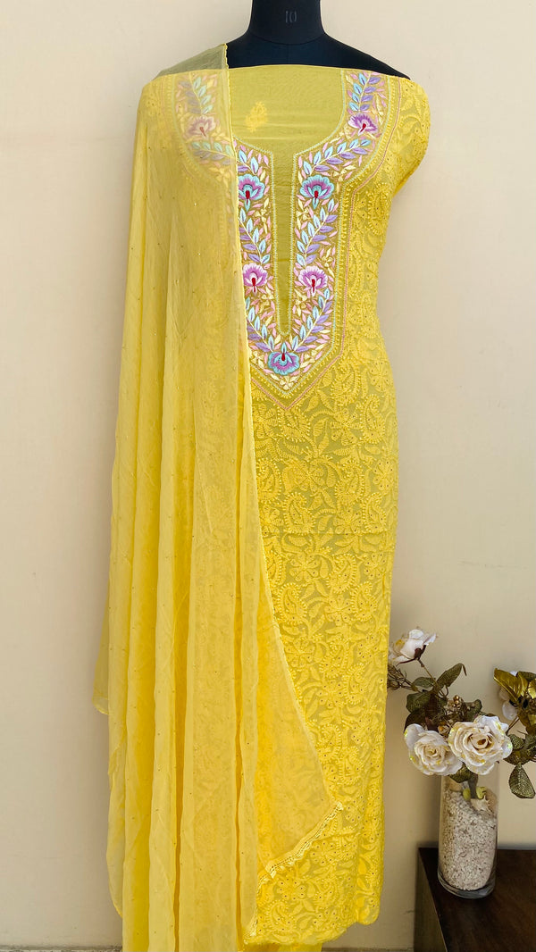 Lucknowi Chikankari Suit Length 2 Piece Yellow Pure Georgette With Parsi & Mukaish Work