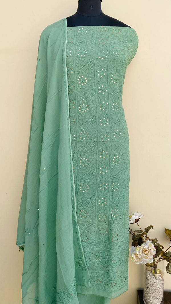 Lucknowi Chikankari Suit Length 2 Piece Green Pure Georgette With Mukaish Work