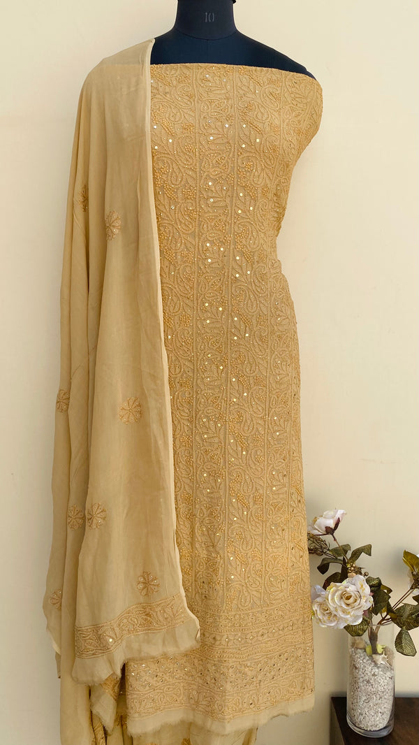 Lucknowi Chikankari Suit Length 2 Piece Beige Pure Georgette With Mukaish Work