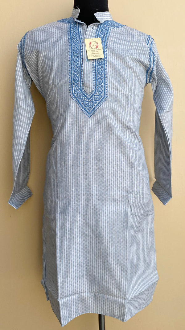 Lucknowi Chikankari Men’s Kurta Blue Cotton