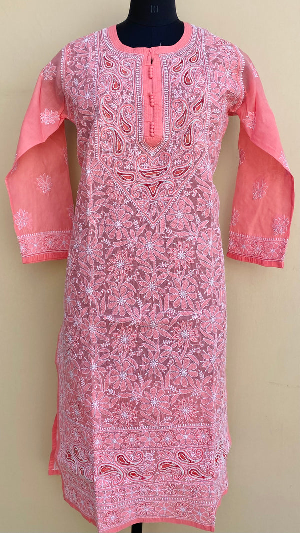 Lucknowi Chikankari Kurti Pink Cotton With Pearl & Sequence Work