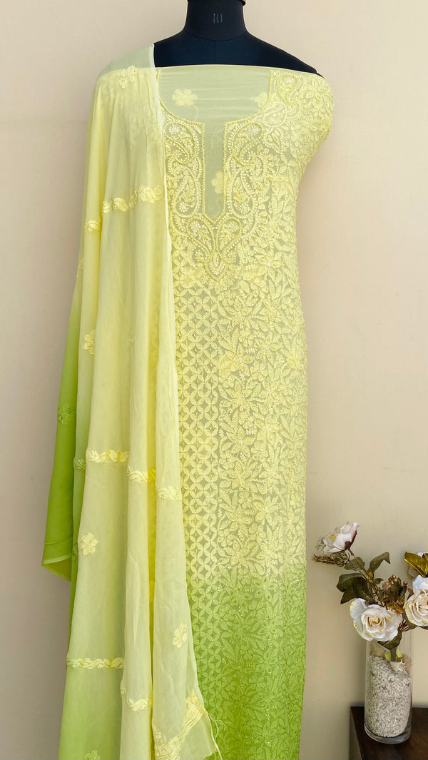 Lucknowi Chikankari Suit Length 2 Piece Lemon Yellow Ombre Pure Georgette With Pearl Work