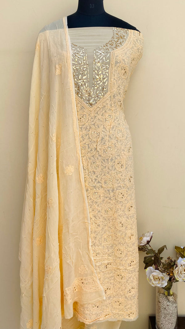 Lucknowi Chikankari Suit Length 2 Piece Cream Pure Georgette With Mukaish Work