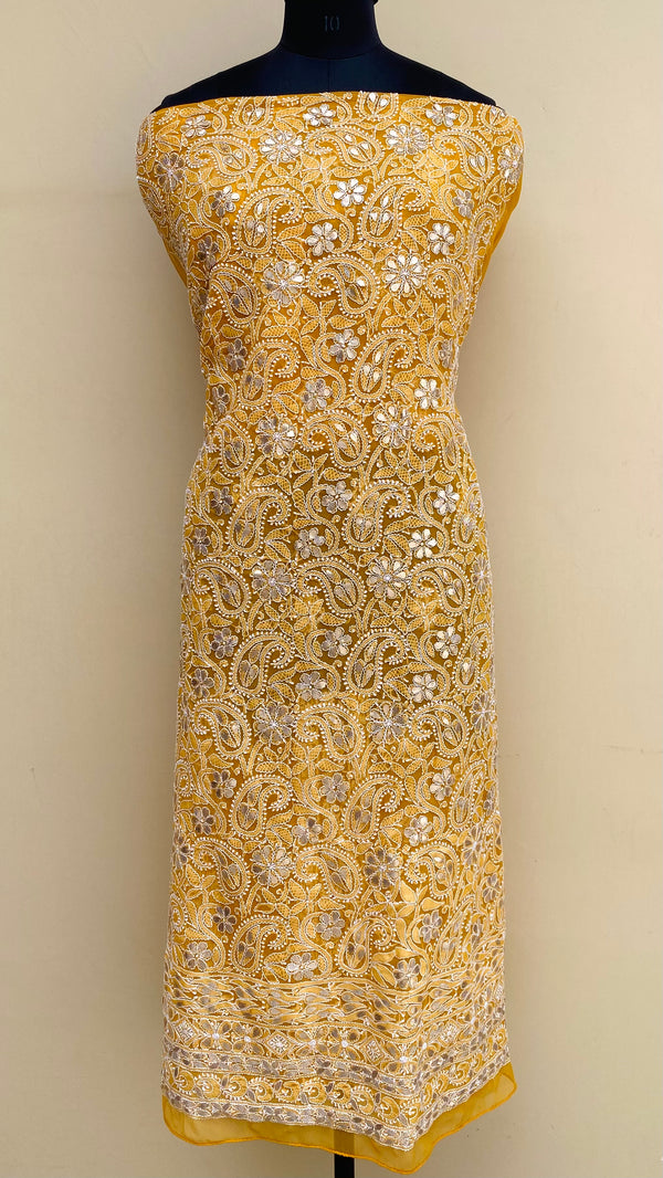 Lucknowi Chikankari Kurta Length Mustard Georgette With Gotta Patti Work