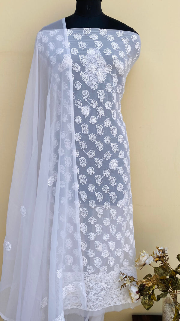 Lucknowi Chikankari Suit Length 3 Piece White Georgette