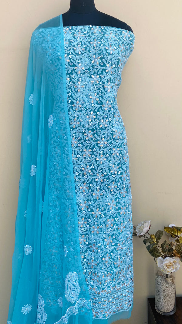 Lucknowi Chikankari Suit Length 3 Piece Blue Georgette With Gotta Patti Work