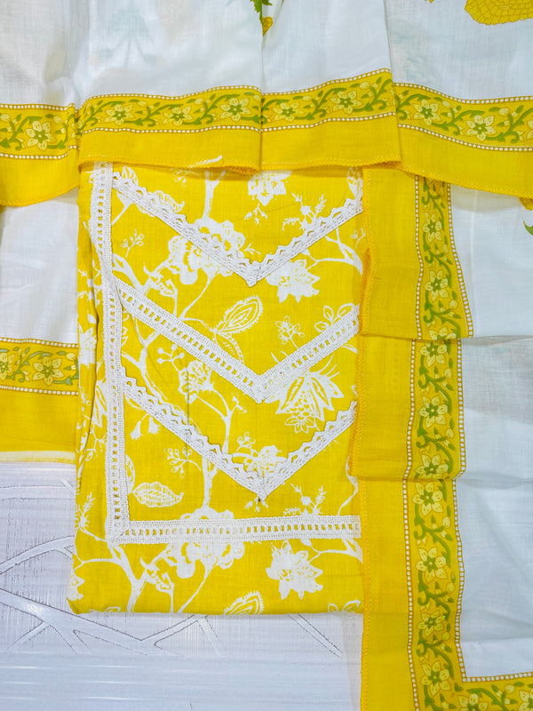 Designer Embroidered Suit Length 3 Piece Yellow Mal Cotton