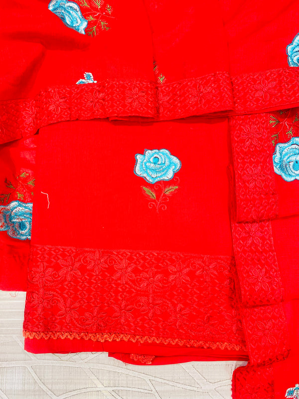 Designer Embroidered Suit Length 3 Piece Red Mal Cotton