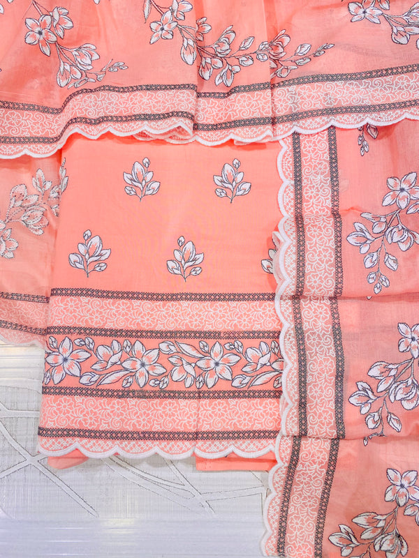 Designer Embroidered Suit Length 3 Piece Peach Mal Cotton