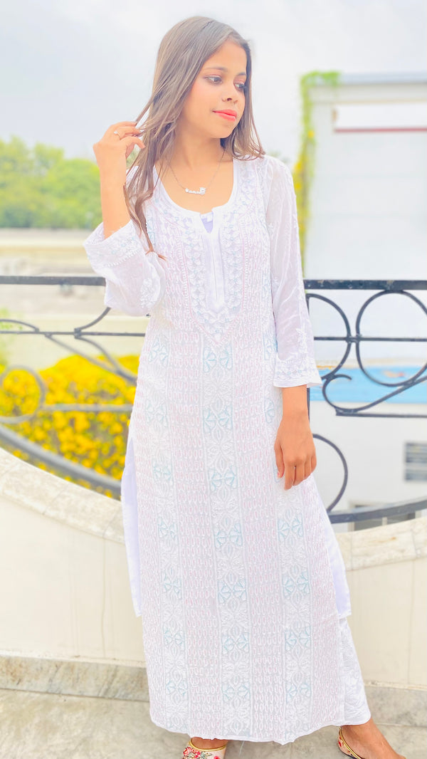 Lucknowi Chikankari Kurti White Pure Georgette With Cut Dana Work