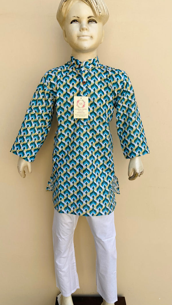 Embroidered Boys Kurta Sea Green Cotton