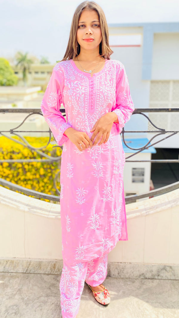 Lucknowi Chikankari Co-ord Set Pink Modal Cotton