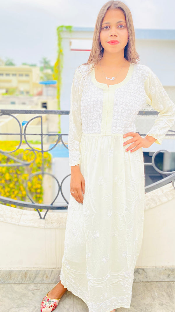 Lucknowi Chikankari Kurti Cream Modal Cotton