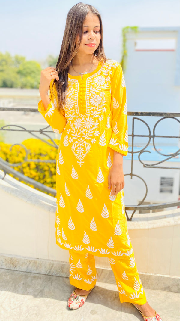 Lucknowi Chikankari Co-ord Set Yellow Modal Cotton