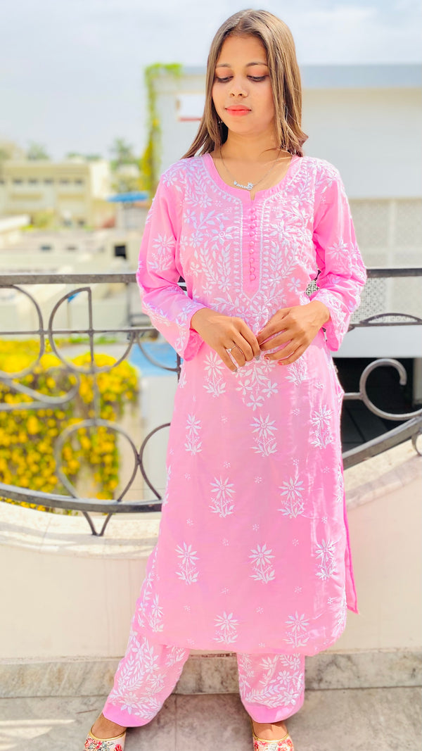 Lucknowi Chikankari Co-Ord Set Pink Modal Cotton