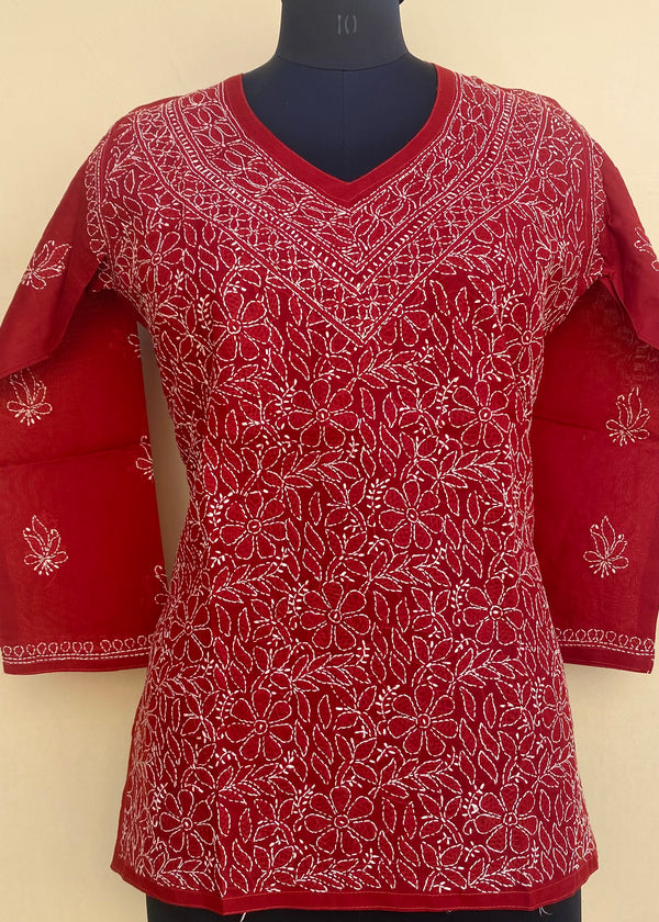 Lucknowi Chikankari Short Kurti Maroon Cotton