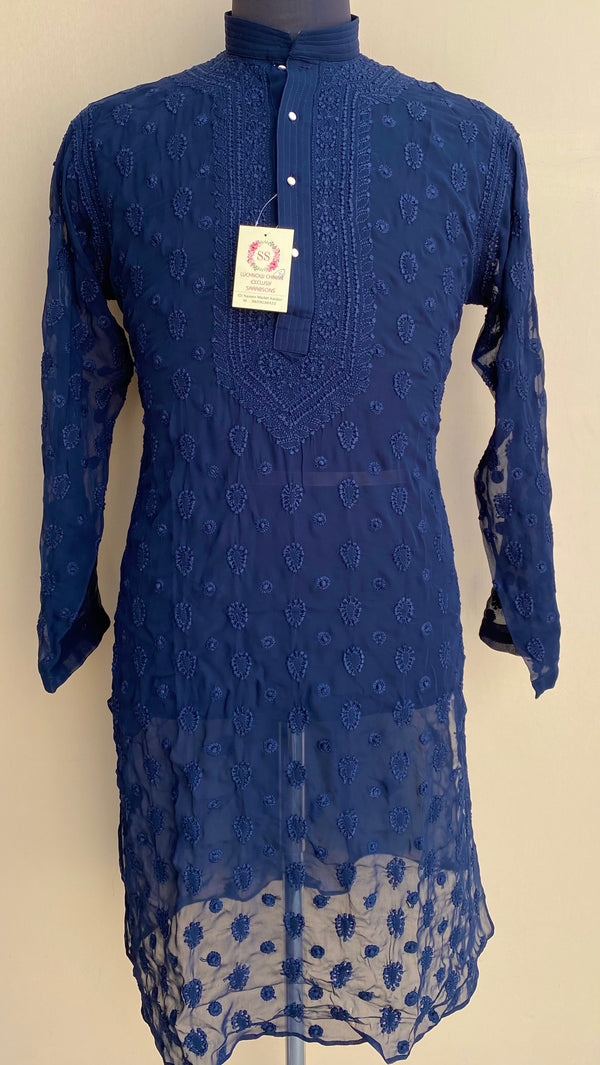 Lucknowi Chikankari Men’s Kurta Navy Blue Georgette