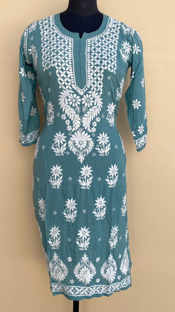 Lucknowi Chikankari Kurti Teal Green Modal Cotton
