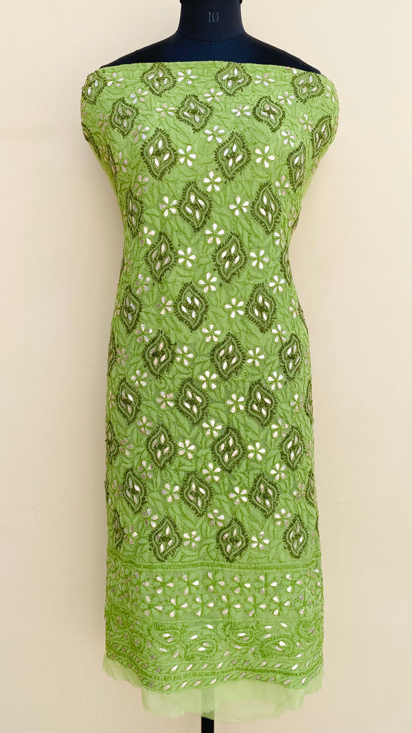 Lucknowi Chikankari Kurta Length Green Georgette With Gotta Patti Work